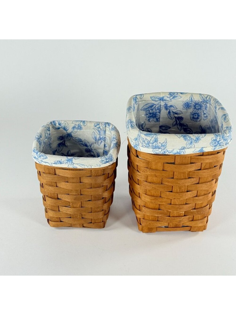 Longaberger 2 Handmade Baskets With Blue Floral Liners & Plastic Inserts